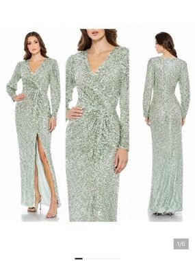 Mac Duggal 5638 Seafoam Green Sequins High Slit Bishop Sleeve Gown Size 12 $598